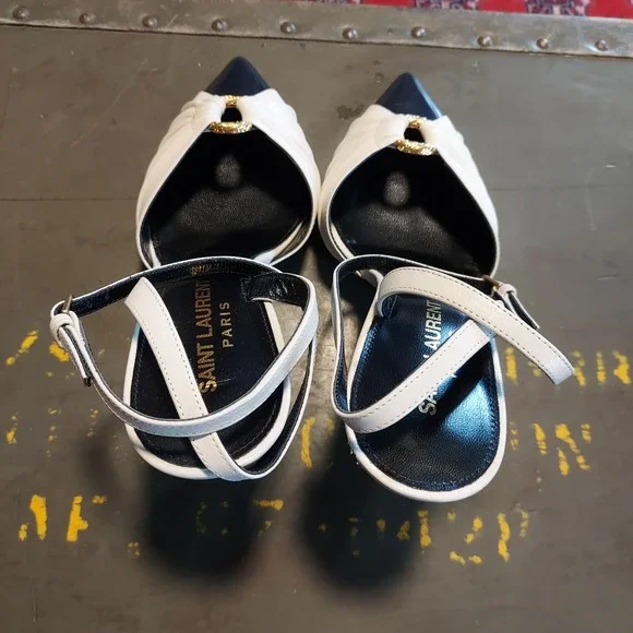 Saint Laurent Paris Two-Tone Pleated Leather Pointed Toe Pumps 37.5 White Black - Picture 2 of 8